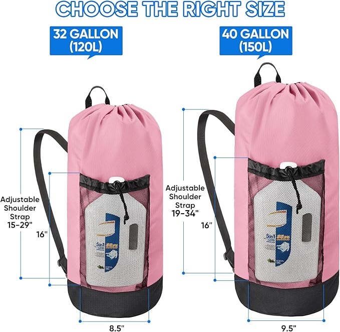 BALEINE 2PK 120L Laundry Bag Backpack, 900D Oxford Fabric Large Travel Laundry Bags with Shoulder Straps and 2 Mesh Pockets for College Dorm, Apartment, Laundromat (Pink, 120L)