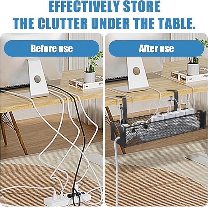 Under Desk Cable Management Tray, No Drill Steel Cord Organizer Kit with 189Pcs Different Essential Accessories for Home Office Standing Desk (13.4inch, Black)