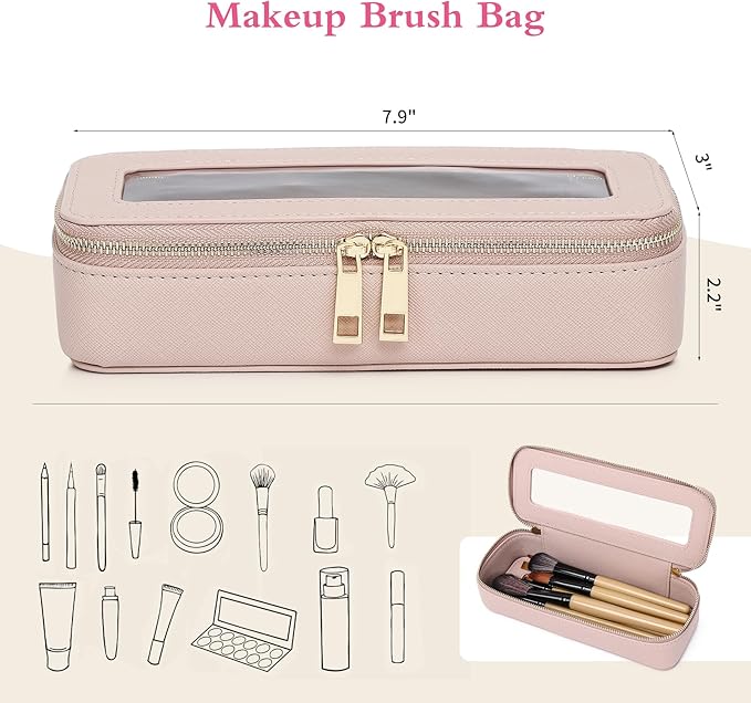 Pinkmik Clear Makeup Bag with Brush Bag Portable Cosmetic Bag Case Travel Toiletry Bag Car Essential for Women (Pink, L+SLIM)