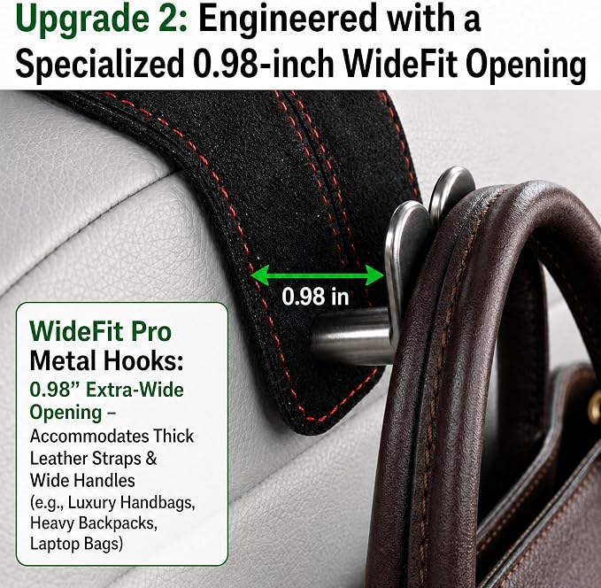 2Pcs Wide Car Headrest Hooks for Purses and Bags, 2026 Upgraded 0.98” Wide Opening for Thick Bag Handles, Premium Leather Car Seat Hanger with Dual Metal Hooks, WideFit Gray