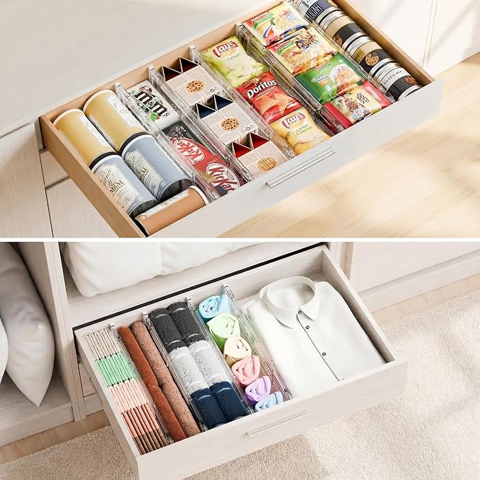 Clear Drawer Dividers Organizers, Adjustable Expandable Drawer Divider Organizer for Clothes, Dresser, Kitchen & Office Drawers, Acrylic Drawer Separators for Bedroom Storage, 4-Pack, Clear Plastic