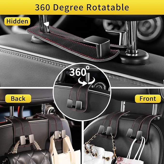 WEIHAO Car Purse Hook, Genuine Leather Car Seat Back Storage Hook, Purse Hook for Car Headrest, Twin Hook Leather Car Headrest Hangers, Bag Hook for Car, Trucks, SUVs, Most Vehicles (Black-2 PCS)