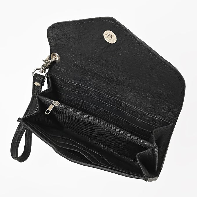 Merbaa Leather Wallet for Women, Wristlet Bifold Card Cash Phone Wallet Ladies Cowhide Hair-On Travel Clutch Purse, Slim Bifold Organizer with Card Slots, Zip Coin Pocket & Magnetic Closure, Black