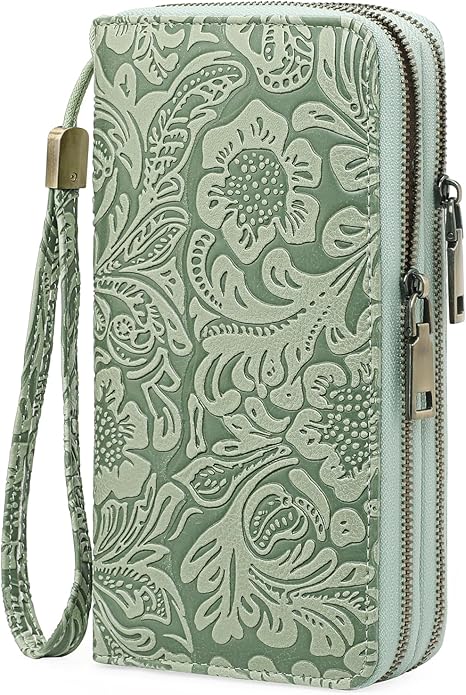 GOIACII Women's Wallet Wristlet Ladies Phone Purse RFID Blocking Large Card Holder Double Zip Grip Strap Vegan Leather
