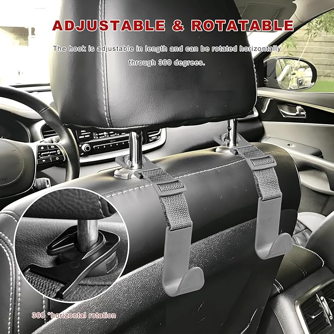4PCS Car Seat Headrest Hook, Adjustable Vehicle Backseat Hanger Storage Organizer, Universal Seat Back Holder Hooks for Purse Coat Grocery Bag, Car Accessories (Gray)