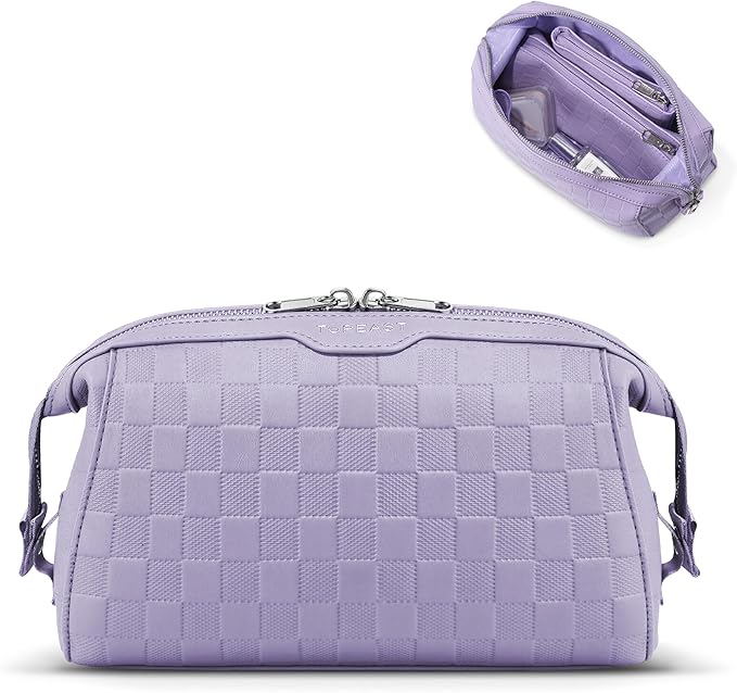 TOPEAST Travel Makeup Bag Cosmetic Bags for Women, 3 Pcs Set Make Up Toiletry Bag with Removable Zip Pouch, Waterproof Leather Makeup Brush Organizer for Travel Essentials, Purple