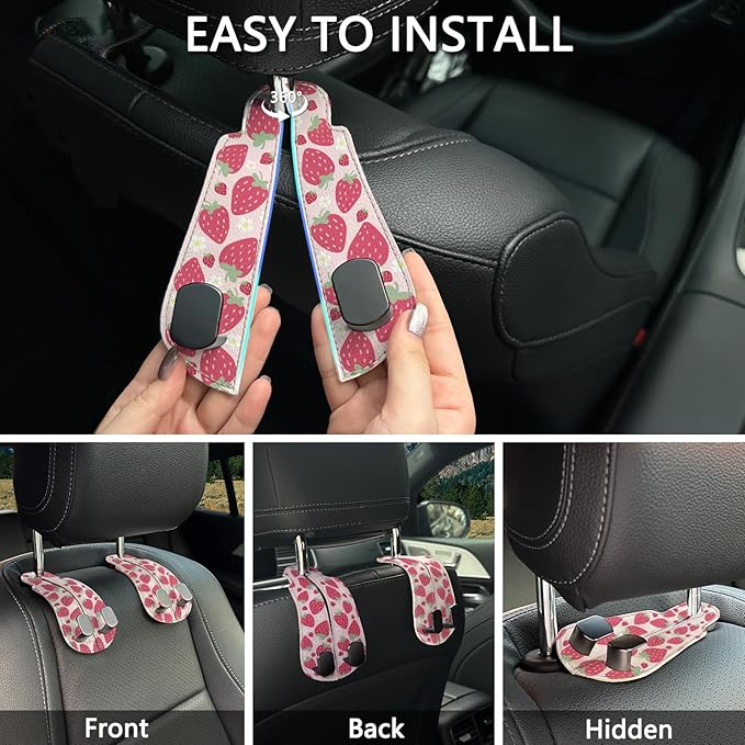 Blusabaca 2PCS Car Seat Back Storage Headrest Hooks, Cute Strawberry Purse Holder Bags Hanger, PU Leather Double Metal Hook for Backseat Organizer, Women Car Accessories Organization