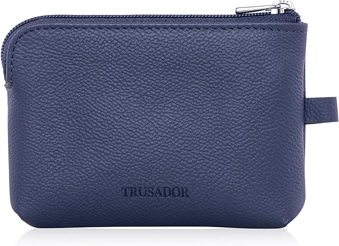 Trusador Milano Unisex Leather Front Pocket Wallet Coin Purse Zipper Pouch with Keychain (Navy)