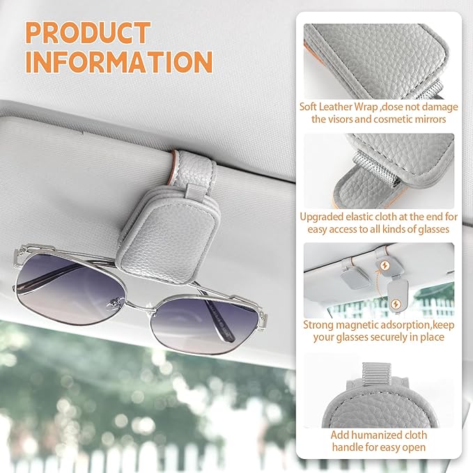 JUSTTOP 1Pack Sunglass Holder for Car, Magnetic Leather Buckle Sun Visor Sunglass Clip, Ticket Card Clip Sunglasses Mount, Car Interior Accessories for Men and Women (Gray)