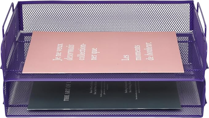 EASEPRES 2 Pack Stackable Desk Paper Tray, Metal Mesh Desktop Document Letter File Organizer for Office Home School, 13.5'' L x 9.75'' W x 5.5'' H, Purple