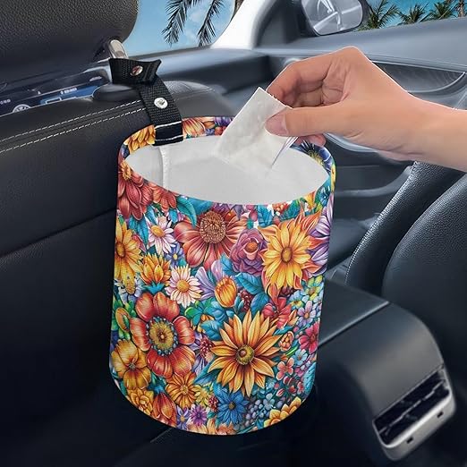 Colorful Flower Auto Garbage Bag Trash Can Collapsible Trash Rubbish Bin Basket Bag Hanging Cup Holder Organizer Car Interior Accessories for Front Seat, Back Seat, Floor, Headrest