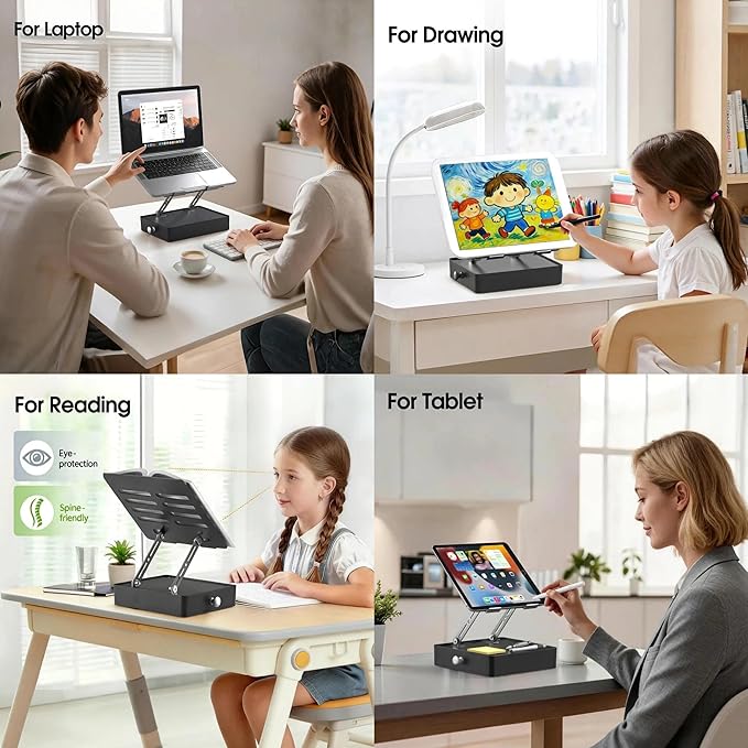 Laptop Stand with Storage Drawer, Adjustable Ergonomic Laptop Riser for Desk, Heavy-Duty Metal Stand for 10??6??Laptops, Space-Saving Desk Organizer for Remote Work & Home Office, Gray