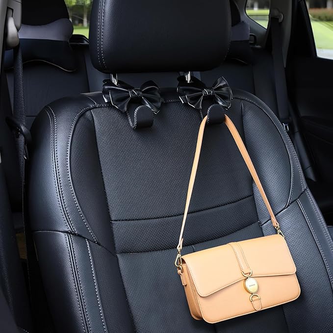 Car Purse Hook, Cute Bow Hooks for Headrest - Leather U-Shaped Purse Holder for Car, Flexible Seat Back Organizer & Durable Vehicle Accessories for Bags, Coats & More (Black-2 Pack)