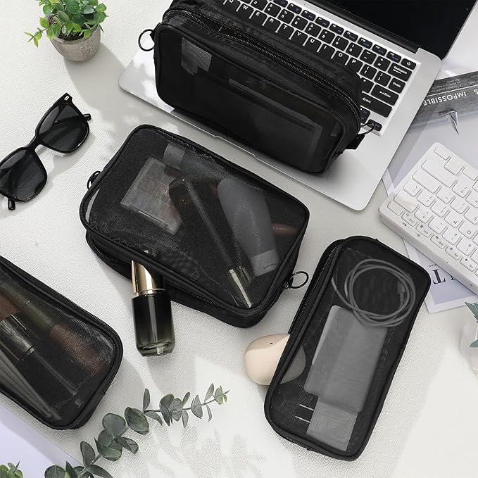 Weewooday 4 Pcs Mesh Makeup Bag Mesh Cosmetic Bag Toiletry Pouch with Zipper Mini Makeup Cosmetic Purse for Daily Accessory (Large,Medium,Black)