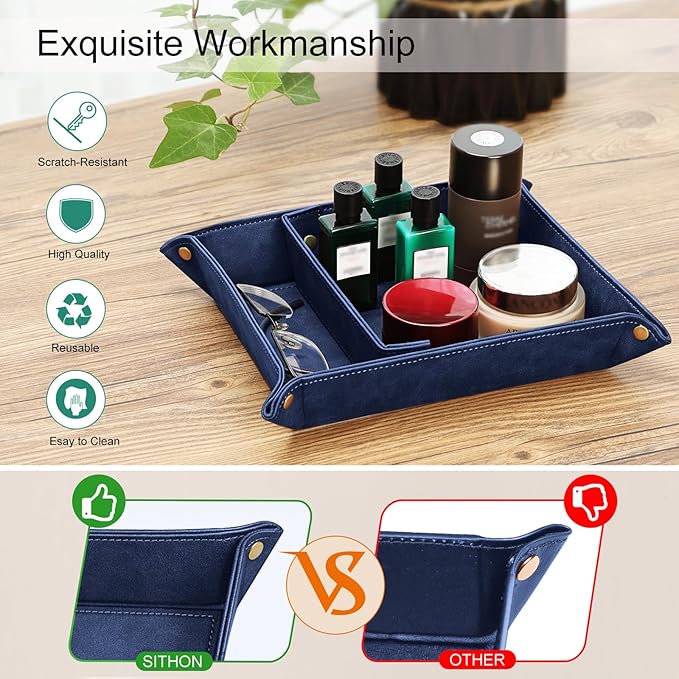 SITHON Valet Tray Desktop Storage Organizer, Removable 2 Compartments Catchall Tray Bedside Vanity Nightstand Caddy Holder Desk Storage Plate, Dark Blue