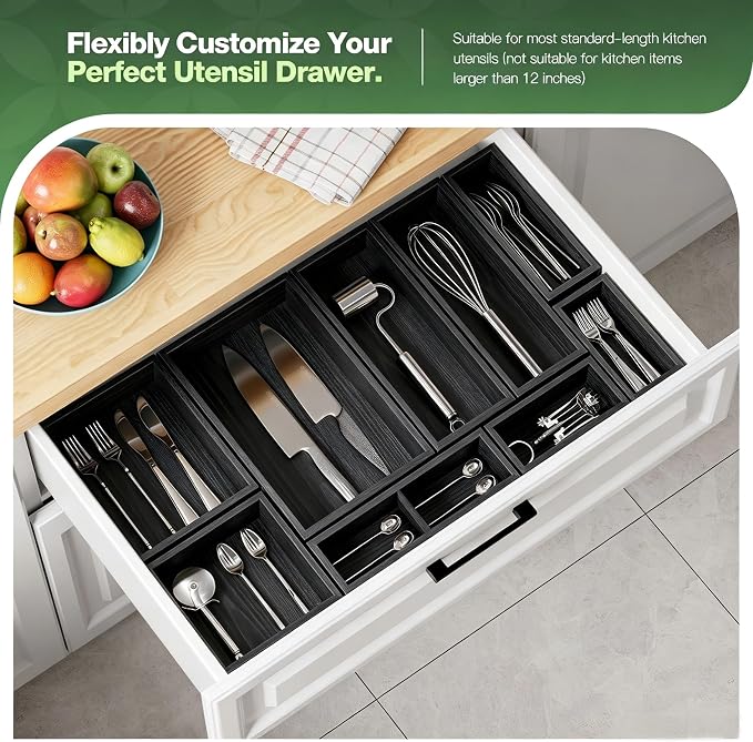 9-Pack Solid Wood Junk Drawer Organizer, Modular Desk Drawer Tray & Accessories with Non-Slip Pad, Multi-Use for Kitchen, Office, Bedroom Dresser, Utensil, Makeup, Stationery, Tea Bags & Coffee Pod