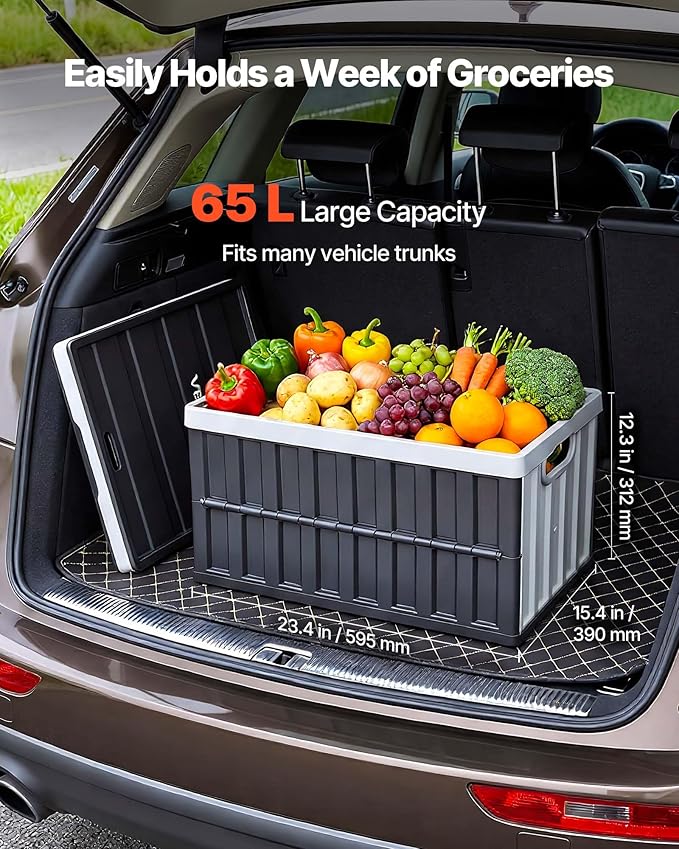 VEVOR Plastic Collapsible Storage Bins with Lids, 65L 3 Packs, Stackable Folding Storage Crates with Handles, Holds 84 lbs Per Bin, Heavy Duty Containers, Space-Saving Baskets, for Home Organizing