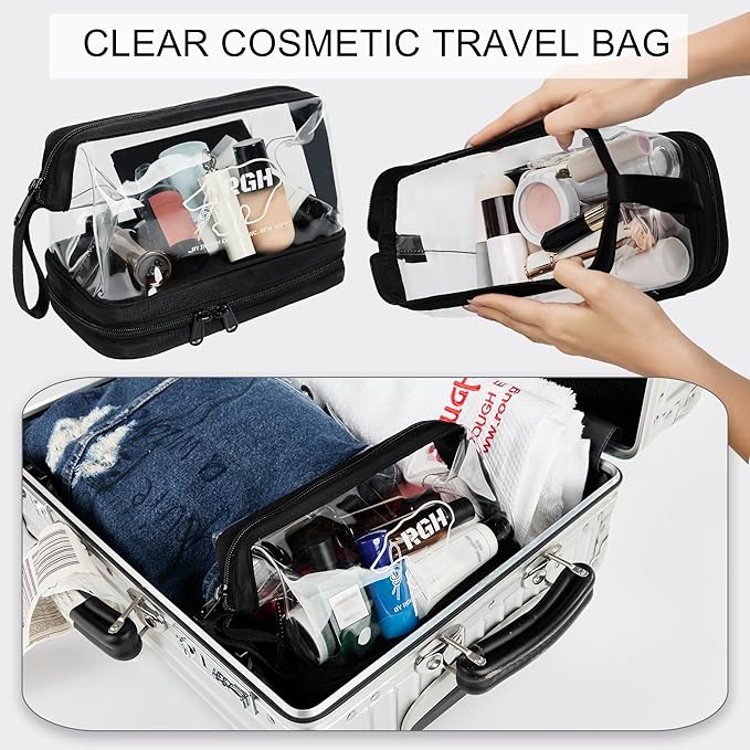 Rough Enough Clear Cosmetic Bag for Women and Men, Leakproof Travel Makeup Organizer, with Detachable Brush Pouch, Large Opening, 6.5”x5”x8.5”
