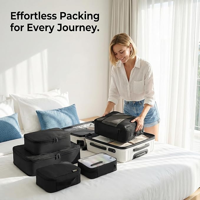 6 Set Compression Packing Cubes for 7–14 Day Travel, Jet Black | Nylon Oxford Fabric, Full Breathable Mesh, Reinforced Double-Zipper, Small to Large Size Bag, Expandable Packing System
