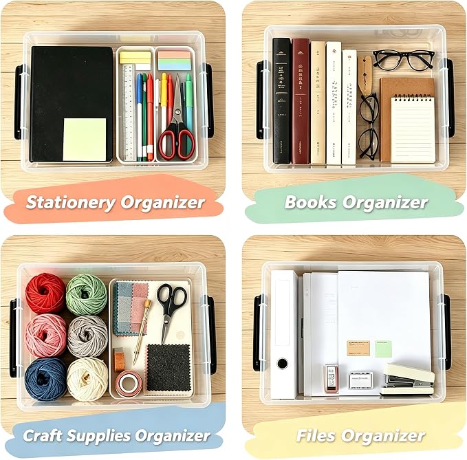6 Qt Clear Flat Plastic File Storage Bins with Latch Lid, 4-Pack | Stackable Organization Box for Art Supplies, Craft, A4 Paper, Documents