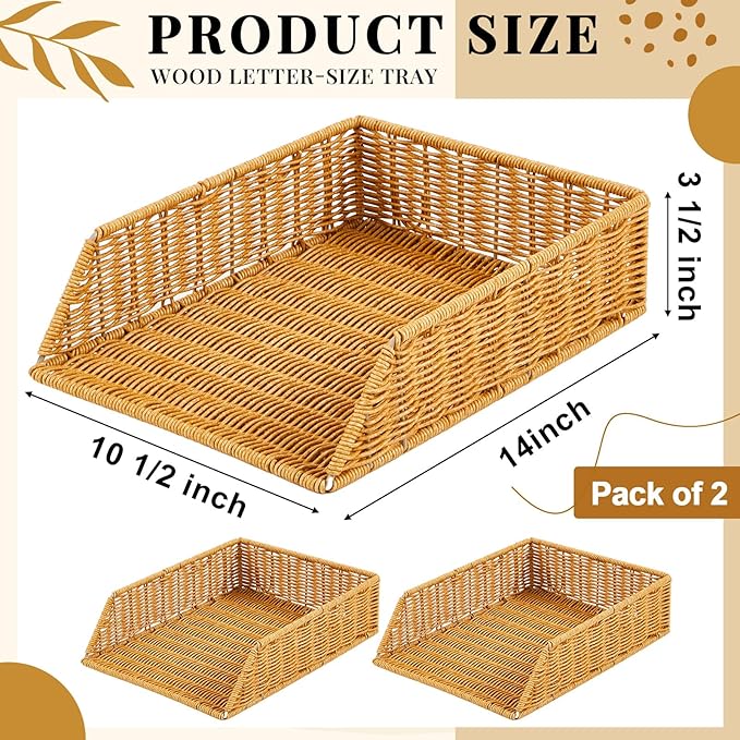 Yeaqee 2 Pcs Paper Tray Organizer for Desk Woven Letter File Organizer A4 File Tray Desk Paper Basket Letter Size Imitation Rattan Holder Organization Rack for Office Storage(Brown,Sleek Style)