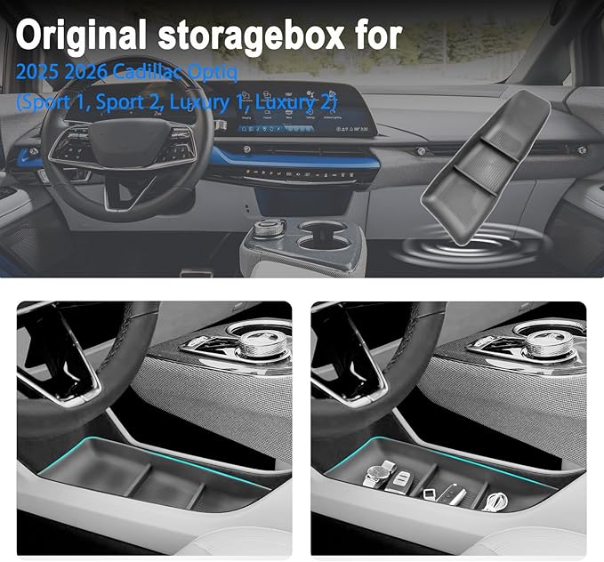 SHAOHAO 2 Pcs for 2025 2026 Cadillac Optiq Under Console Organizer for 2025 2026 Cadillac Optiq Accessories (Sport/Luxury) Lower Organizer & Cup Holder 2026 Optiq Space Expand Buttom Tray Easy Removal