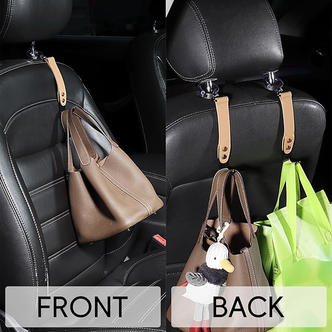 2-Pack Car Hook Holder - Leather Headrest Hooks for Purses & Bags, SUS304 (Light Brown)
