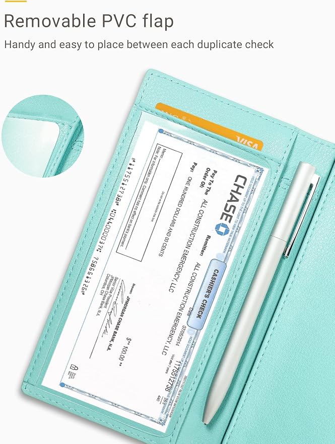 Zreal Checkbook Cover for Women, Premium Vegan Leather Checkbook Holder for Top & Side Tear Duplicate Checks with RFID Blocking (Pale Turquoise)