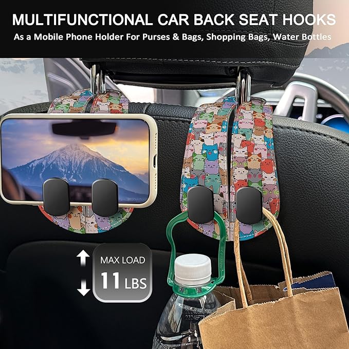 Blusabaca 2PCS Car Seat Back Storage Headrest Hooks, Cute Cats Purse Holder Bags Hanger, PU Leather Double Metal Hook for Backseat Organizer, Women Car Accessories Organization