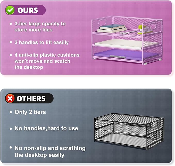 Marbrasse 3 Tier Paper Organizer Letter Tray, Mesh File Organizer with Handle, Paper Sorter Desk Organizer for Home Office Supplies(Purple)