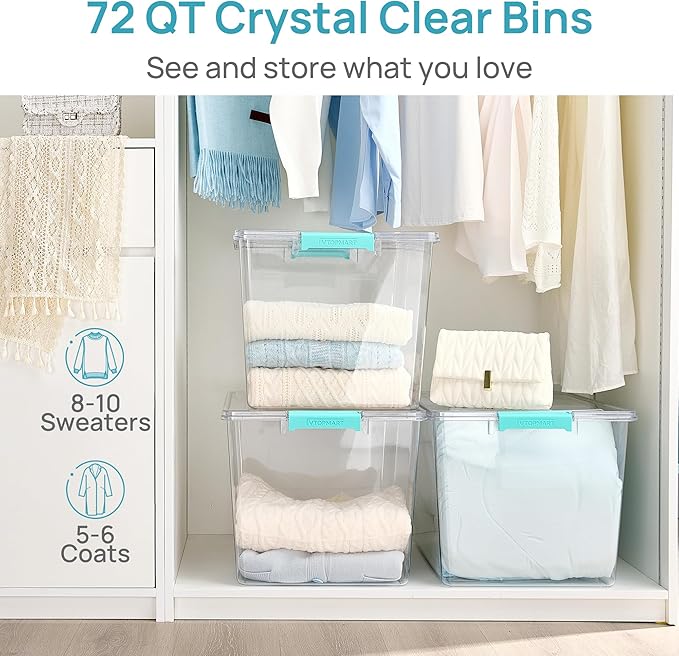 Vtopmart 2 Pack 72 QT Crystal Clear Storage Bins with Lids, 4 Pack Stackable Plastic Large Latching Boxes Totes Tubs Container for Closet Organizers and Storage, Bedroom, Clothes, Bedding