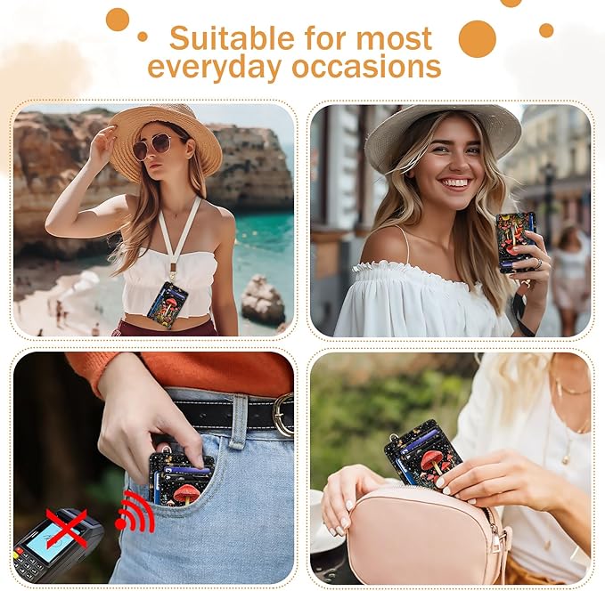 Yonlevres Mushroom Credit Card Holder Slim Wallet, RFID Wallet Women Front Pocket Small Card Holder, Travel Funny Cute Thin Card Case with ID Window PU Leather RFID Blocking Card Organizer Gifts Girls