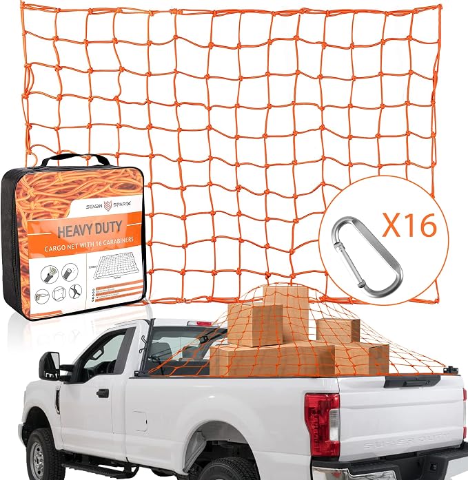 Seven Sparta 5’ x 7’ Bungee Cargo Net Stretches to 10' x 14' for Truck Bed, Pickup Bed, Trailer, Trunk, SUV with 16 Bonus D Clip Carabiners Car Organizer Net for Large Loads (Orange, 5'x7')