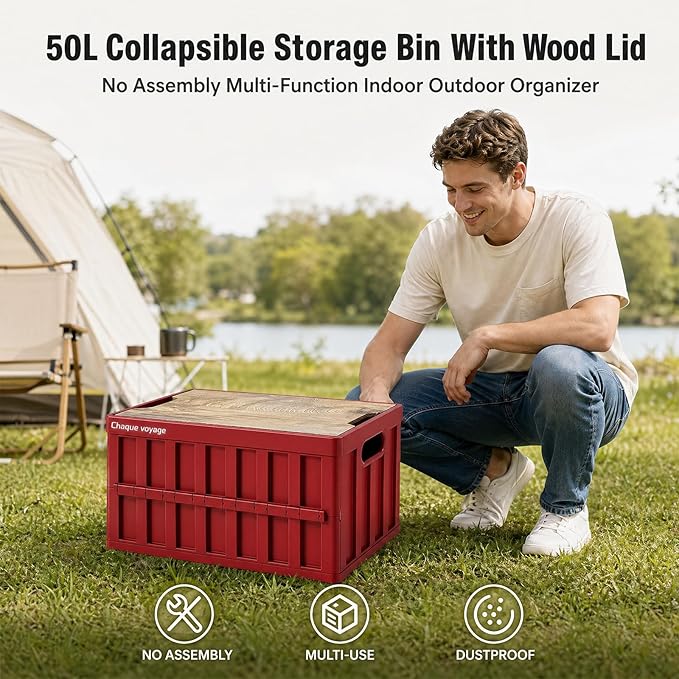 CTESNE【3-in-1 Wooden Lid 50L Storage Bins with Lids and Handle，Portable Foldable Storage Box ，Plastic Stackable Storage Bins for Camp Car RV, Office (Red)