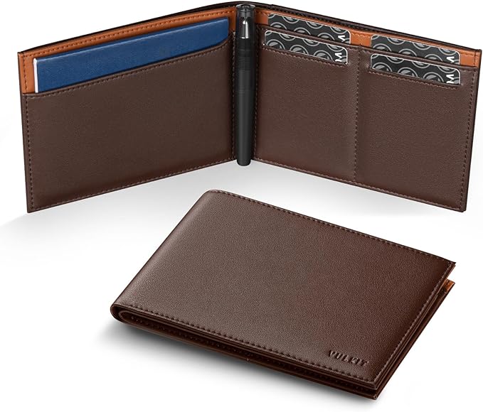 VULKIT Bilfold Passport Holder Leather RFID Blocking Passport Wallet with Hidden Pocket Slim Travel Documents Organizer for Men or Women (Passport, Card, Cash, Coin, SIM Card, Ticket)