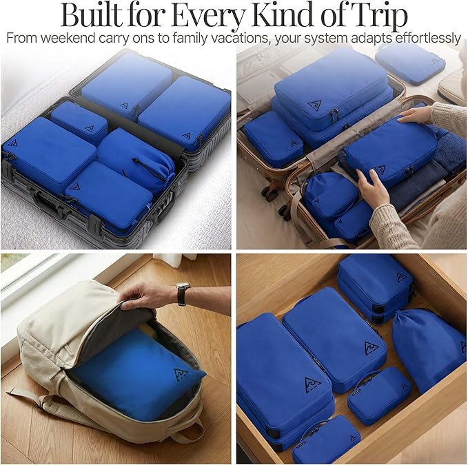 Well Traveled 8 pcs Compression Packing Bags Cubes Set with HybridMax Double-Capacity Design - Packing Cubes for Travel Compression to Maximize Limited Luggage Space, Blue