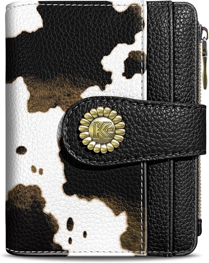 Kelvoris Cow Print Black Small Rfid Women Wallet Bifold Zipper Coin Pocket PU Leather Compact Cash Credit Card Holder Travel Wallet for Female Ladies Teen Girls 1 ID Window 10 Card Slots