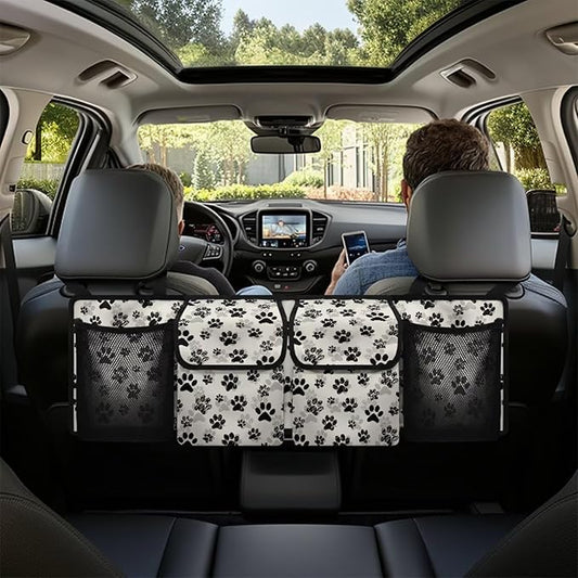 Dog Paw Print Car Trunk Organizer Foldable Auto Backseat Storage Bag with 4 Pockets Universal Hanging Auto Accessories Suitable Most Sedans SUVs Trucks Vans