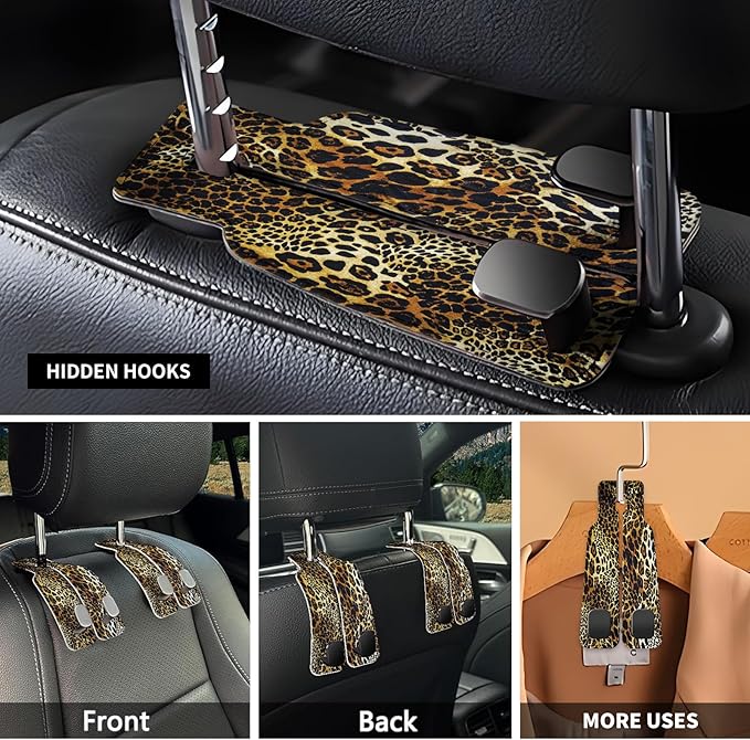Car Seat Headrest Hook, Universal Leather Cute Hanger Holder Hook, Storage Organizer Interior Accessories for Purse Bags Handbag Luxury Leopard