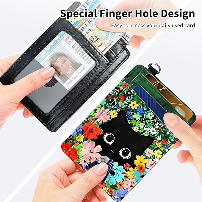 Slim Minimalist Front Pocket Wallet,Credit Card Holder Wallet for Women Men,RFID Blocking Credit Card Holder Case Leather Cute Small Thin Wallet ID Window&Wrist Strap,Cute Cat Floral