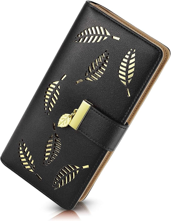 PGXT Women's Wallet Women Credit Card Holder Hollow Leaf Pattern Bifold Leather Lady Long Wallet Purse Zip Birthday Xmas Gifts for Women Girls(Black)