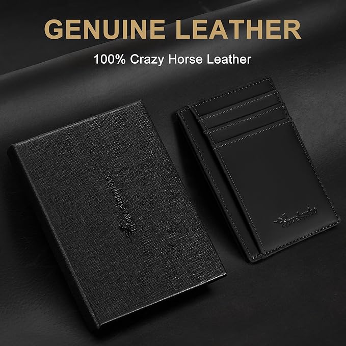 Travelambo 100% Genuine Leather Wallet for Men and Women, Slim Minimalist RFID Blocking Front Pocket Credit Card Holder with Gift Box