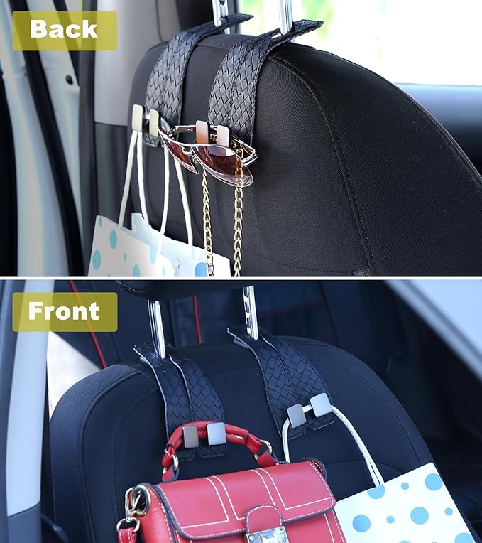 2 Pack Car Seat Headrest Hooks, Nappa Leather Car Back Seat Hangers for Purses and Bags, Woven Design with Double Dual Zinc Alloy Hooks for Car Organization and Storage(Black)