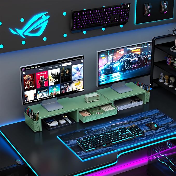 gianotter Dual Monitor Stand Riser, Desk Organizer With Drawer and 2 Pen Holders, Computer Monitor Stand, Desk Shelf for Top of Desk (Sage Green)