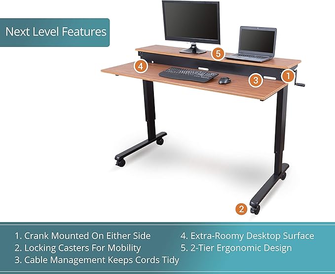 Stand Up Desk Store Crank Adjustable Two Tier Standing Desk with Heavy Duty Steel Frame (Black Frame/Teak Top, 48" Wide)