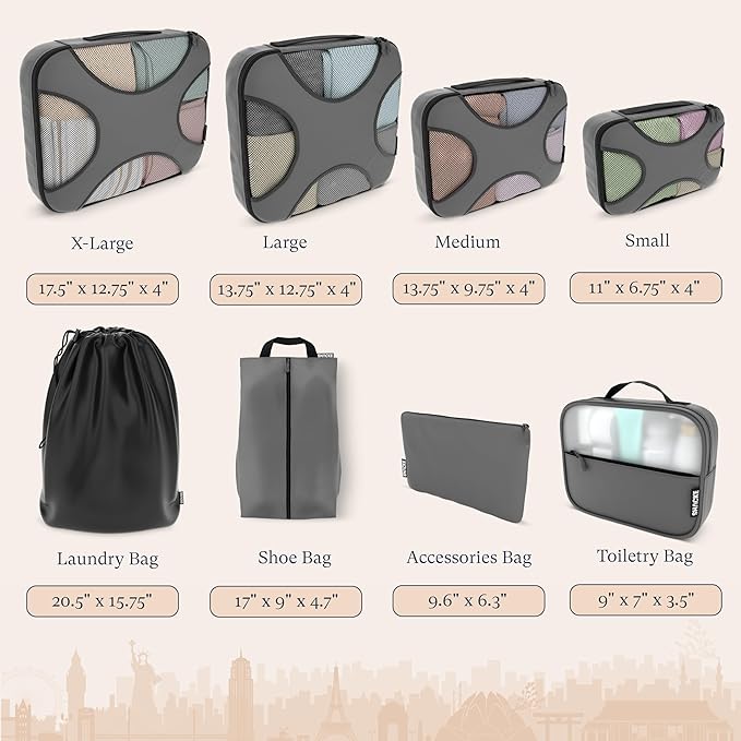 Shacke Packing Cubes for Travel 8 Set - Premium Luggage Organizer Bags - Versatile Travel Organizer for Women and Men - Optimized Packing Bags - Travel Essentials (Dark Grey)