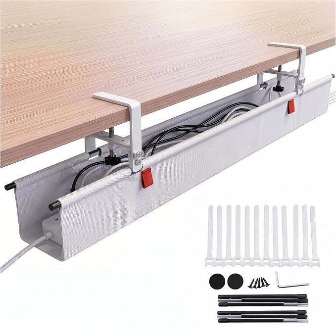 Under Desk Cable Management Tray 48" — No Drill Clamp-On Cord Organizer for Desk with Built-in Ties, Heavy Duty Metal Clamp, Foldable 600D Oxford Fabric for Home Office, WFH & Gaming PC Setup (White)