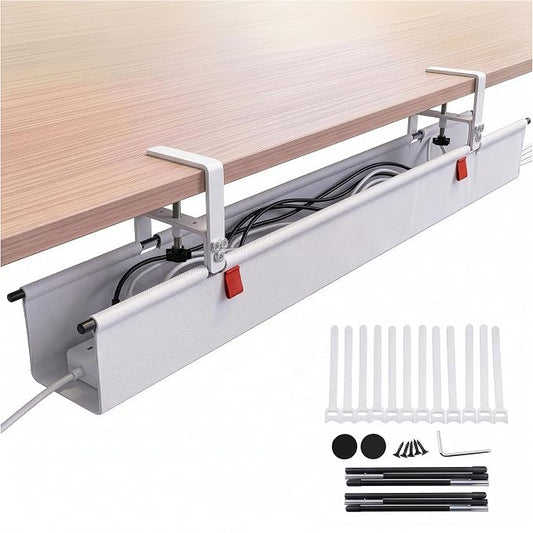 Under Desk Cable Management Tray 48" — No Drill Clamp-On Cord Organizer for Desk with Built-in Ties, Heavy Duty Metal Clamp, Foldable 600D Oxford Fabric for Home Office, WFH & Gaming PC Setup (White)