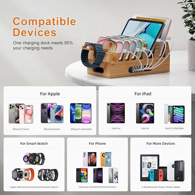 Pezin & Hulin Bamboo Charging Station Organizer for Multiple Devices & Wood Desktop Docking Charging Stand Such As Cell Phone, Tablets, Phone Case and Watch Stand(No USB Charger)