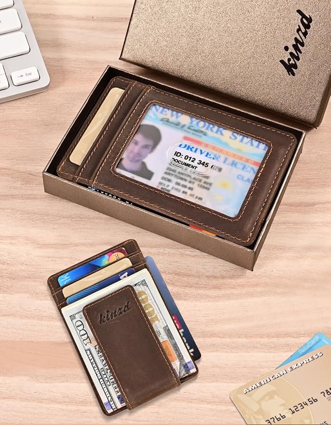 kinzd Slim Money Clip Wallet for Men Genuine Leather Front Pocket RFID Blocking Wallet, Minimalist Card Holder with 4 Strong Magnets Hold 30 Bills | RFID Blocking, Strong Magnet, thin
